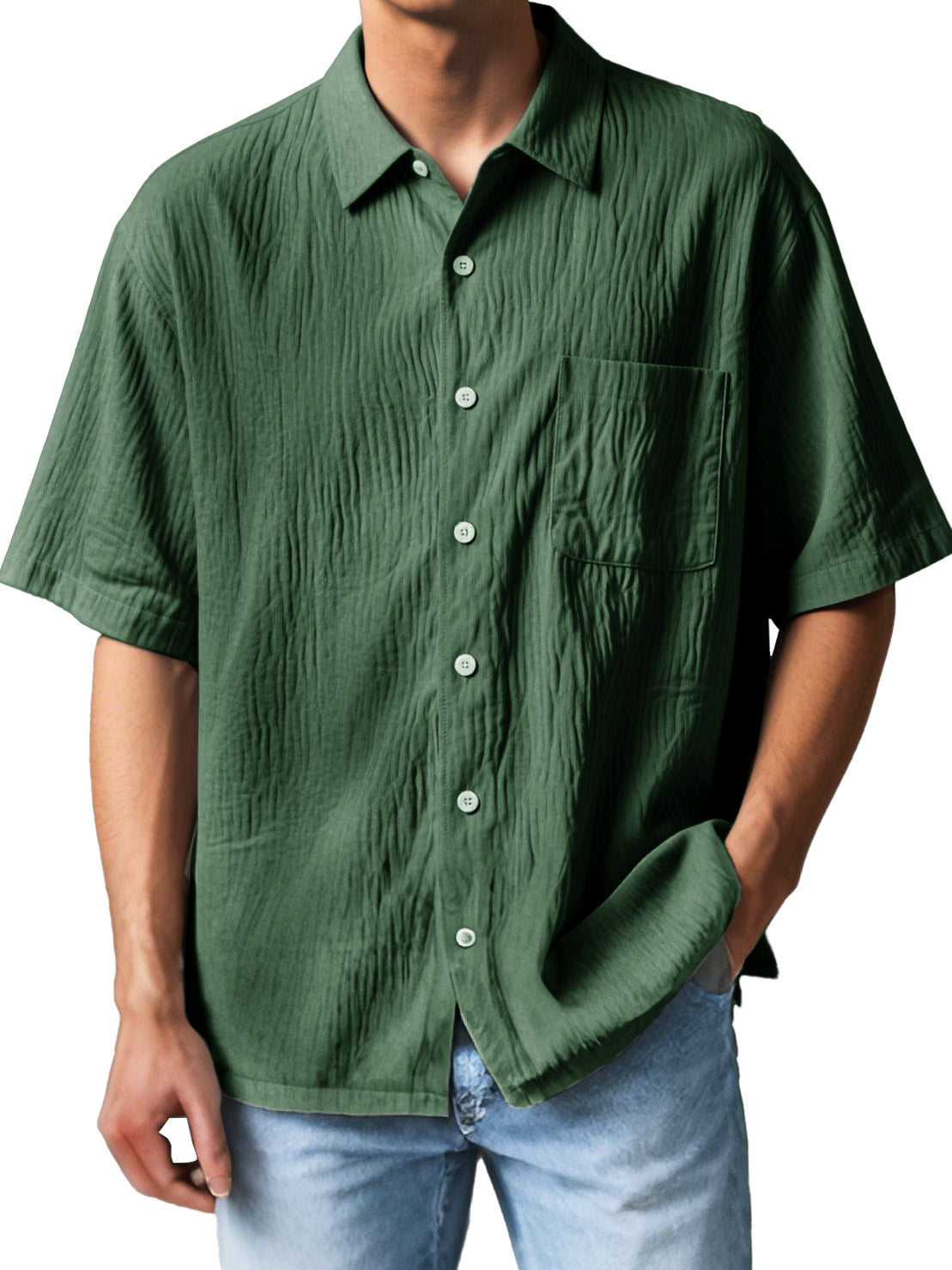 Men's Fashion Casual Textured Fabric Short-sleeved Lapel Pocket Shirt