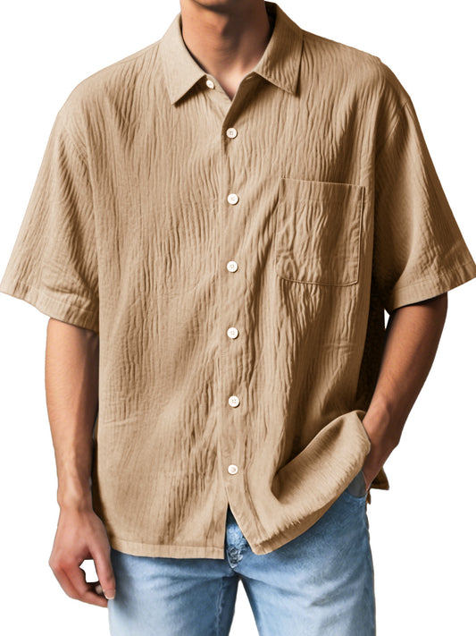  Men's Fashion Casual Textured Fabric Short-sleeved Lapel Pocket Shirt